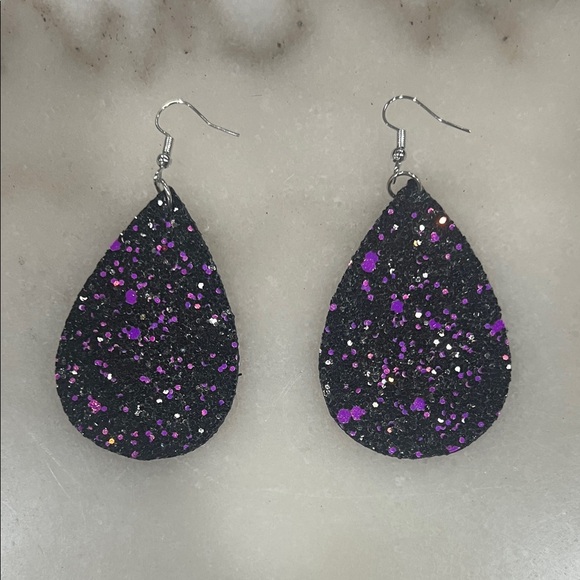 Glittery Teardrop Earrings in Black and Purple - Picture 3 of 3